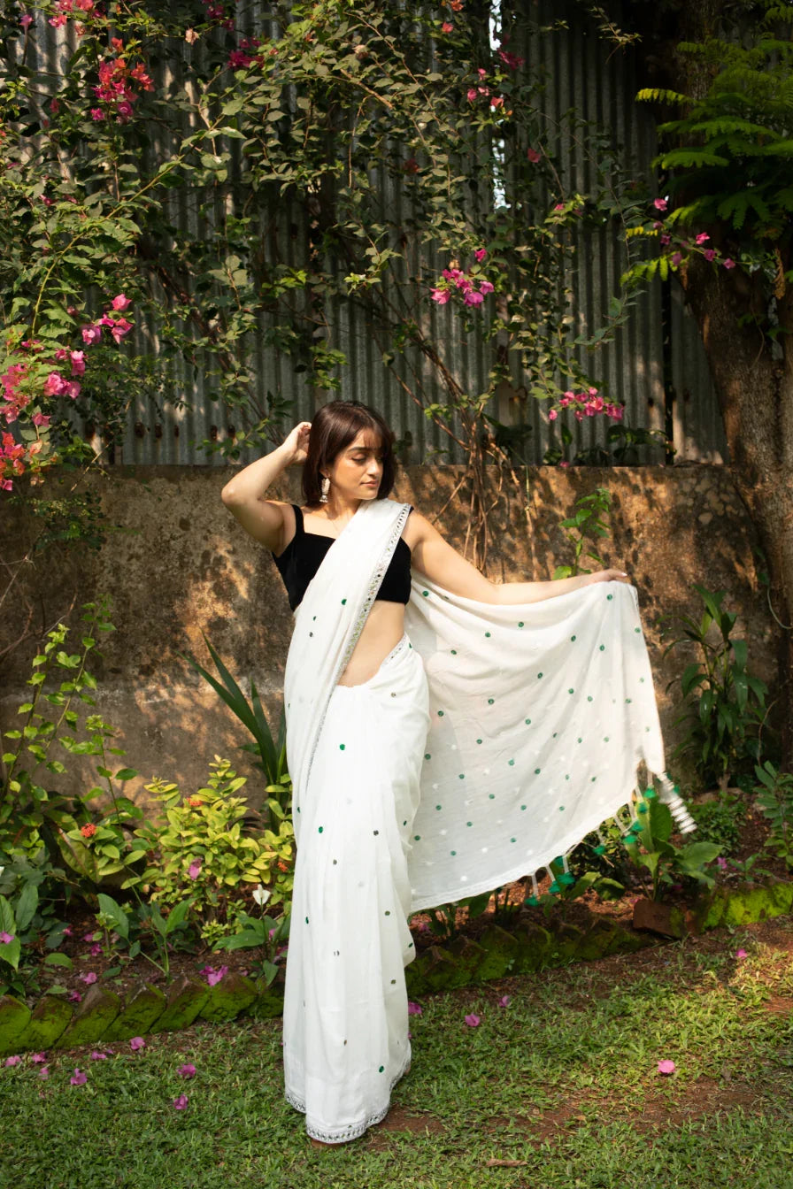 Evergreen Polkadot – Handwoven Saree with Polka Dot & Sequin Embroidery - Kozylook